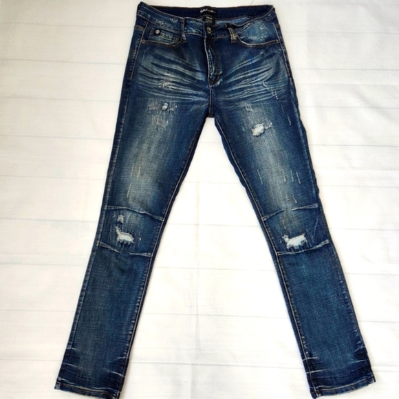 Men's Vintage Blue Wash Distressed Denim Jeans - Skinny Fit - Picture 1 of 11
